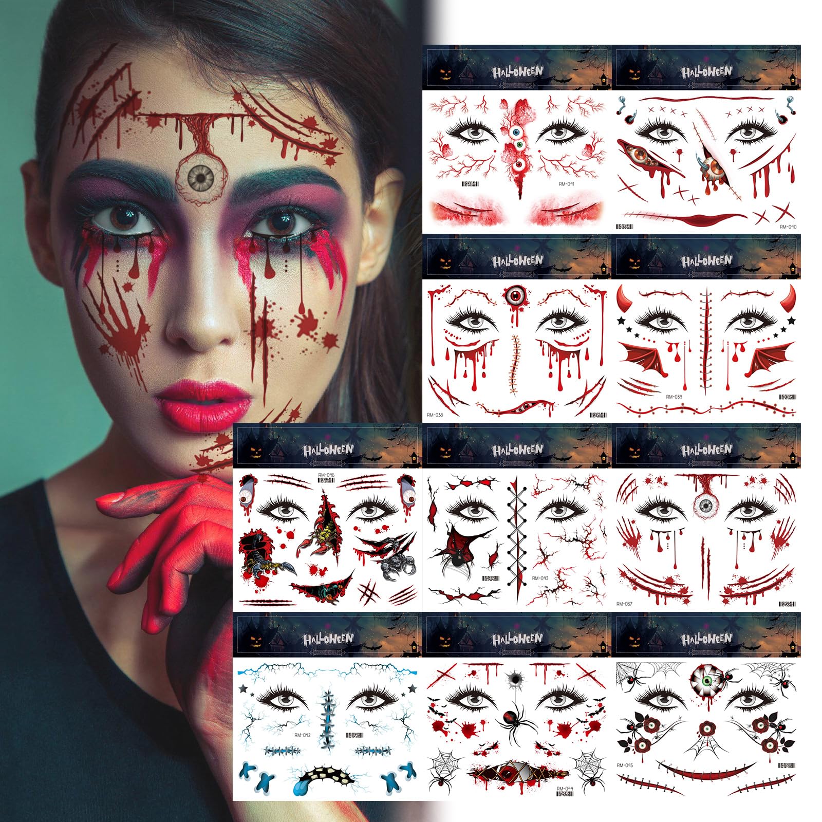 MAYCREATE® 10Pcs Halloween Temporary Face Tattoos for Adults Halloween Mouth Tattoos Stickers Horror Clown Fake Face Scars Wound Tattoo Makeup Kit MAYCREATE® 10Pcs Halloween Temporary Face Tattoos for Adults Halloween Mouth Tattoos Stickers Horror Clown Fake Face Scars Wound Tattoo Makeup Kit